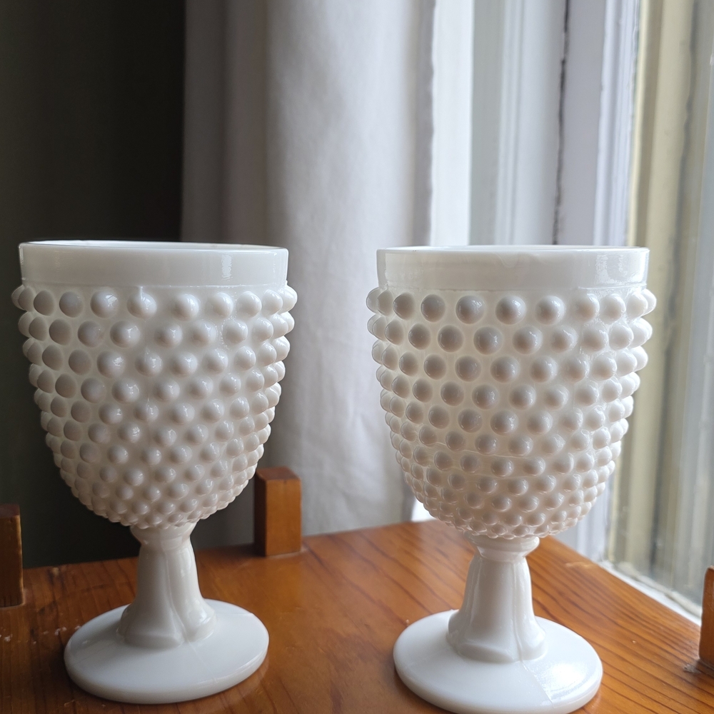 Fenton White Hobnail Milk Glass Goblets (Pair)
